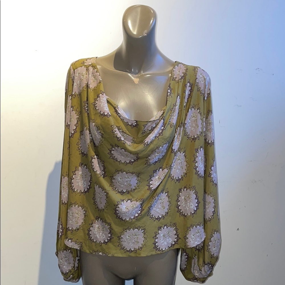 Free People Green Draped Blouse with Long Sleeves